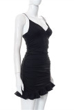 Black Fashion Sexy Solid Patchwork Backless V Neck Sling Dress