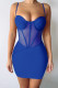 Blue Sexy Solid Patchwork See-through Spaghetti Strap Pencil Skirt Dresses
