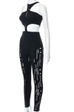 Black Sexy Solid Hollowed Out Halter Skinny Jumpsuits