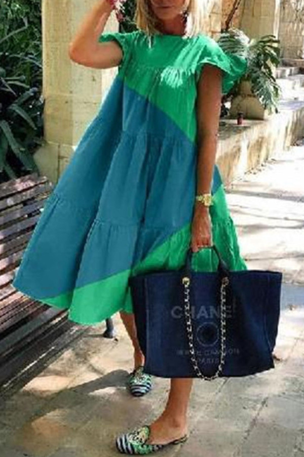 Green Casual Sweet Solid Patchwork O Neck Dresses