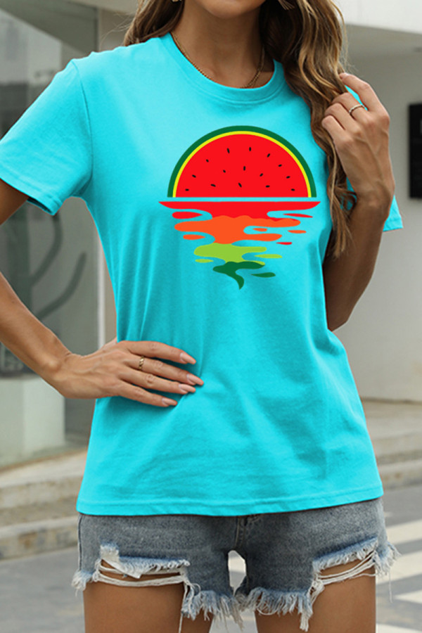Light Blue Fashion Casual Print Basic O Neck T-Shirts