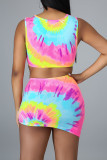 Multicolor Fashion Sexy Print Tie Dye Draw String Frenulum O Neck Sleeveless Two Pieces
