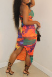 Colour Sexy Print Patchwork V Neck One Step Skirt Dresses