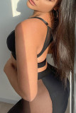 Black Fashion Sexy Solid Patchwork See-through Backless Spaghetti Strap Sleeveless Two Pieces