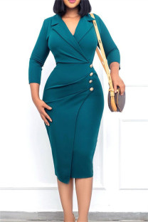 Green Fashion Casual Solid Split Joint Turndown Collar Pencil Skirt Dresses