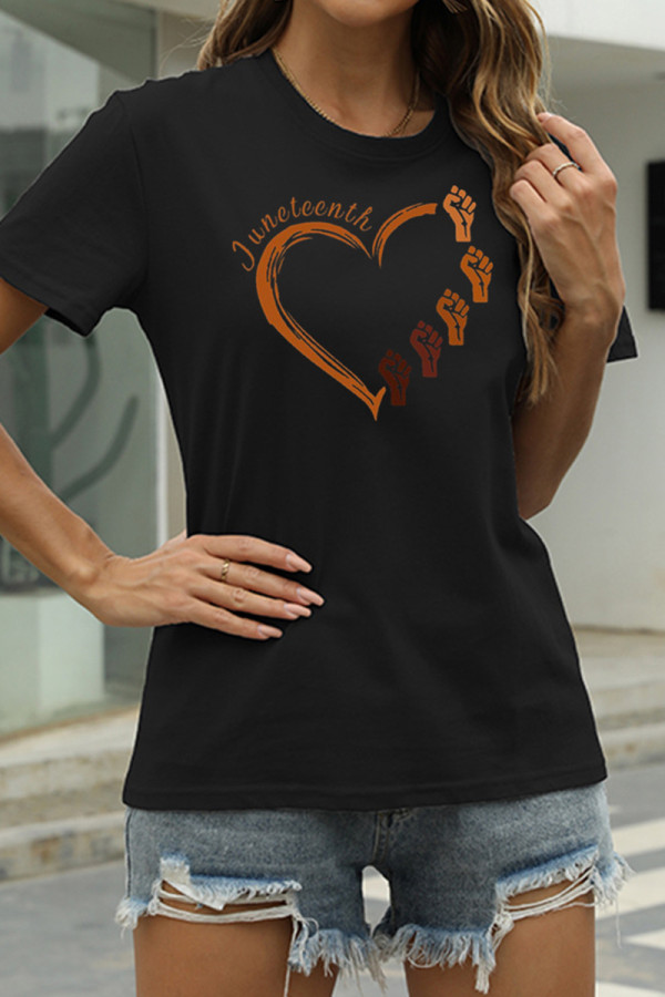 Black Fashion Casual Print Basic O Neck T-Shirts