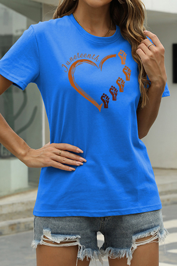 Deep Blue Fashion Casual Print Basic O Neck T-Shirts