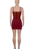 Blue Sexy Solid Patchwork See-through Spaghetti Strap Pencil Skirt Dresses