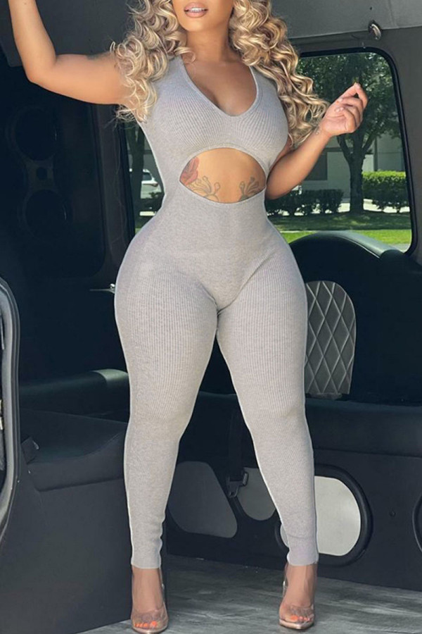 Grey Sexy Solid Hollowed Out Patchwork V Neck Skinny Jumpsuits