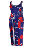 Deep Blue Sexy Print Split Joint O Neck Pencil Skirt Plus Size Two Pieces