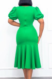 Green Fashion Casual Solid Fold V Neck Pencil Skirt Dresses
