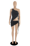Deep Blue Fashion Sexy Solid Backless Asymmetrical One Shoulder Sleeveless Two Pieces