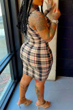 Multicolor Fashion Casual Plaid Print Basic U Neck Vest Dress