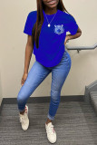 Blue Fashion Casual Print Basic O Neck T-Shirts