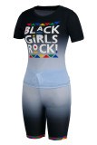 Green Fashion Casual Gradual Change Letter Print Basic O Neck Short Sleeve Two Pieces