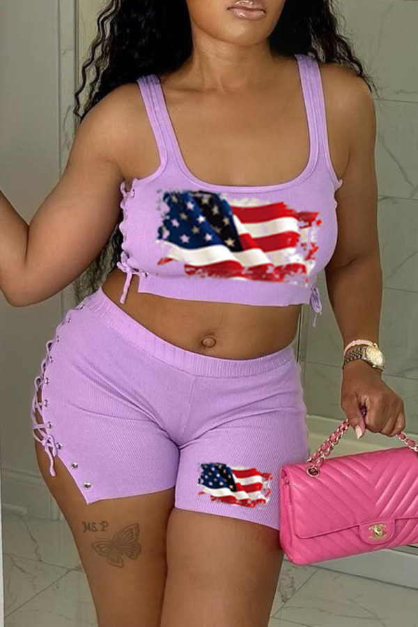 Light Purple Fashion Casual Print Bandage U Neck Sleeveless Two Pieces