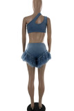 Baby Blue Sexy Solid Patchwork Feathers U Neck Two Pieces