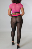 Pink Sexy Print Patchwork See-through O Neck Short Sleeve Two Pieces