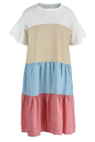 Red Casual Patchwork Flounce O Neck Cake Skirt Dresses