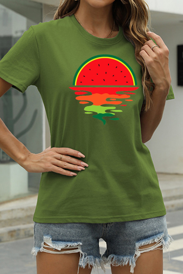 Army Green Fashion Casual Print Basic O Neck T-Shirts