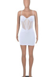 Blue Sexy Solid Patchwork See-through Spaghetti Strap Pencil Skirt Dresses