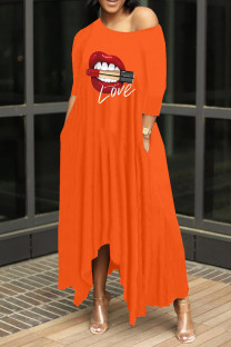 Orange Fashion Casual Print Asymmetrical O Neck Long Dress