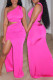 Rose Red Fashion Sexy Solid Hollowed Out Backless Slit One Shoulder Long Dress