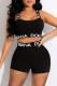 Black Fashion Street Print Patchwork Letter Spaghetti Strap Sleeveless Two Pieces