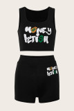 Black Fashion Casual Letter Print Basic U Neck Sleeveless Two Pieces