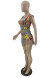 Blue Fashion Casual Print Patchwork Backless Off the Shoulder Short Sleeve Two Pieces