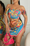 Blue Fashion Casual Print Patchwork Backless Off the Shoulder Short Sleeve Two Pieces