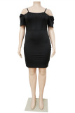 Black Fashion Casual Solid Split Joint Off the Shoulder Short Sleeve Dress Plus Size Dresses