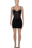 Blue Sexy Solid Patchwork See-through Spaghetti Strap Pencil Skirt Dresses