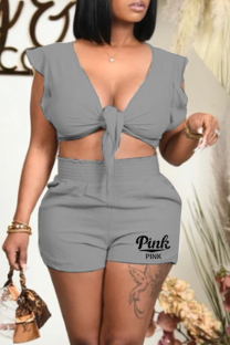 Grey Sexy Print Bandage V Neck Two Pieces