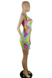 Multicolor Fashion Sexy Print Tie Dye Draw String Frenulum O Neck Sleeveless Two Pieces
