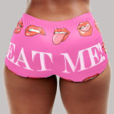 Pink Fashion Casual Letter Lips Printed Basic Skinny High Waist Shorts