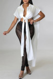 White Fashion Sexy Solid Split Joint Buckle Asymmetrical Turndown Collar Tops