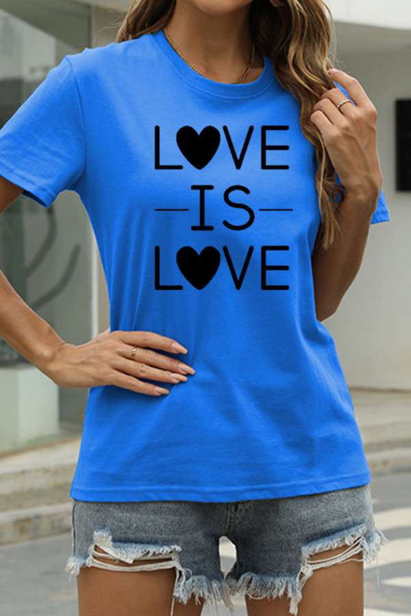 Deep Blue Fashion Casual Letter Print Basic O Neck T-Shirts