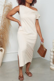 Cream White Fashion Casual Solid Slit Oblique Collar Short Sleeve Dress