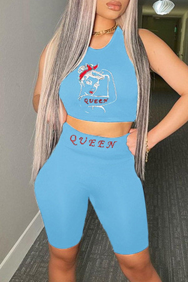 Sky Blue Fashion Casual Print Basic O Neck Sleeveless Two Pieces