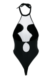 Black Sexy Solid Patchwork Halter Skinny Bodysuits