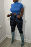 Blue Fashion Casual Print Draw String Frenulum Turtleneck Short Sleeve Two Pieces