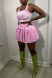 Pink Casual Print Tie Dye Patchwork Pearl U Neck Two Pieces