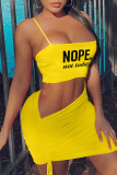 Yellow Sexy Print Patchwork Spaghetti Strap Sleeveless Two Pieces