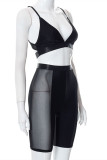 Black Fashion Sexy Solid Patchwork See-through Backless Spaghetti Strap Sleeveless Two Pieces