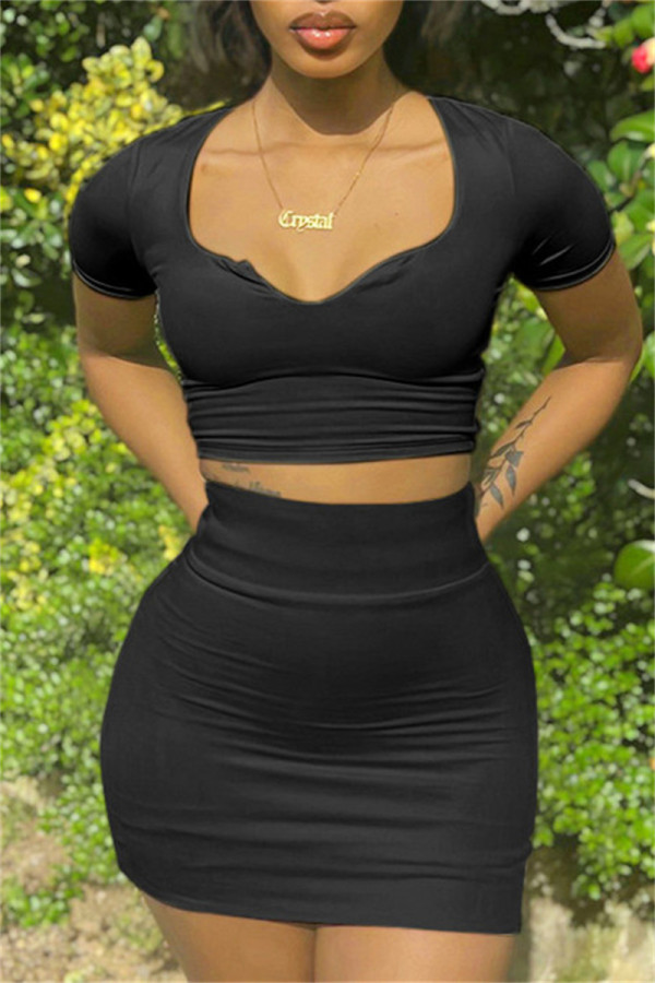 Black Fashion Casual Solid Basic O Neck Short Sleeve Two Pieces