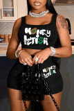 Black Fashion Casual Letter Print Basic U Neck Sleeveless Two Pieces