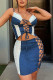 Blue White Sexy Solid Bandage Hollowed Out Patchwork Spaghetti Strap Sleeveless Two Pieces