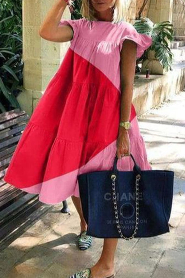 Red Casual Sweet Solid Patchwork O Neck Dresses
