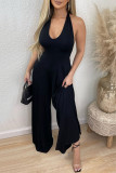 Black Sexy Casual Solid Bandage Backless Bead tube Halter Regular Jumpsuits